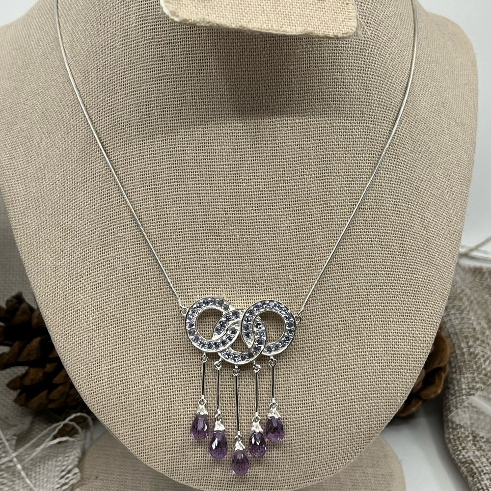 90s Vintage Sterling Silver Necklace with Amethyst & Tanzanite Gemstones - Picture 4 of 13